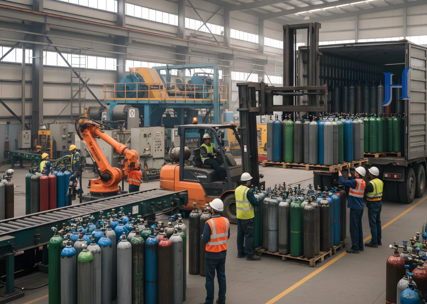 Industrial gas facility with storage tanks